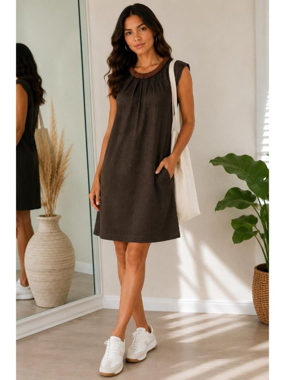Etcetera Womens Size 2 Brown 100% Silk Sheath Dress Beaded Neck Pockets